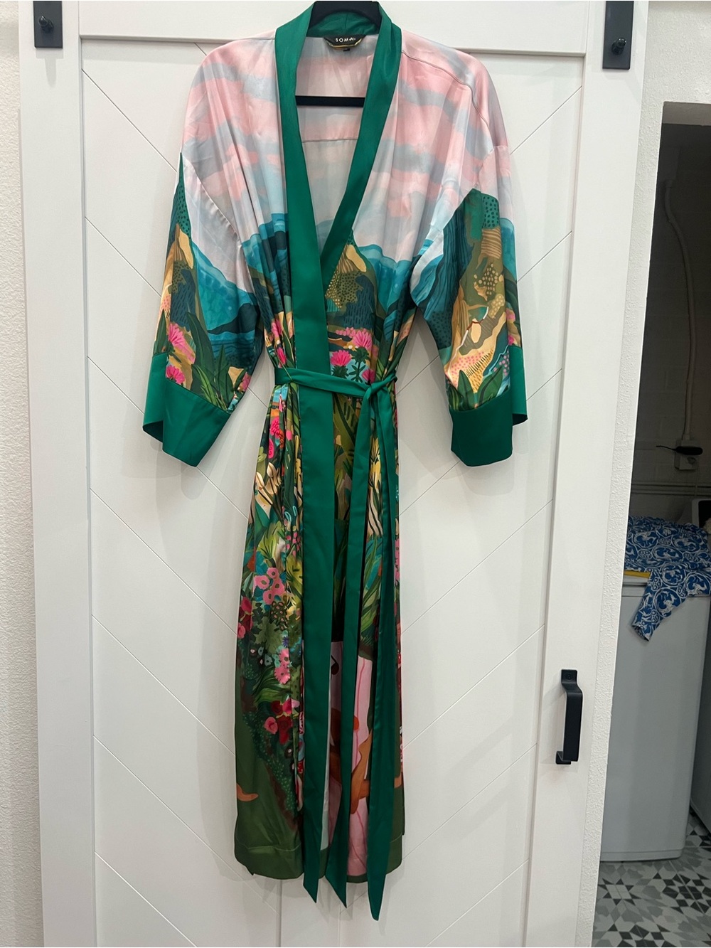 Soma Green Floral Satin Kimono Robe